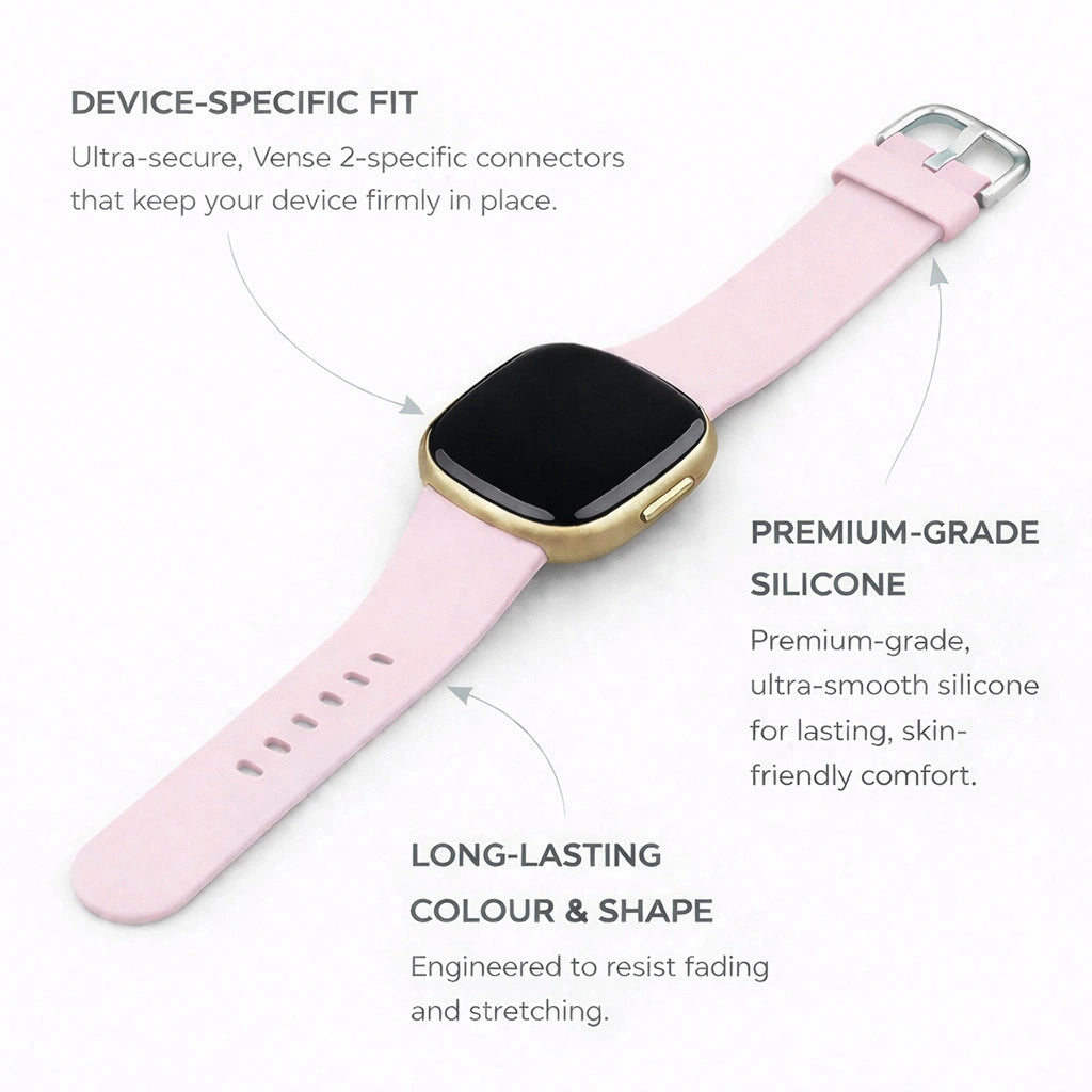 Light pink silicone strap for Fitbit Versa 3 showing device-specific fit and long-lasting colour.