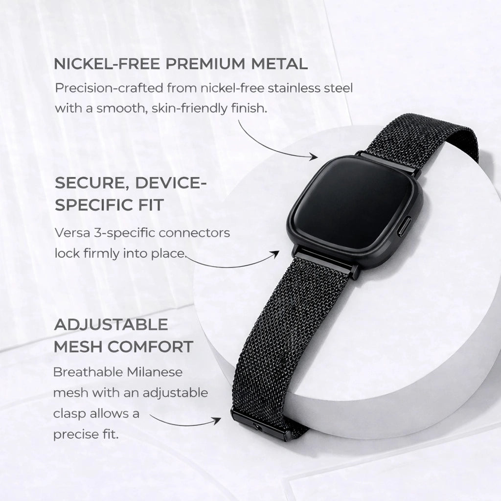 Black metal mesh strap for Fitbit Versa 3 with nickel-free stainless steel and adjustable Milanese design