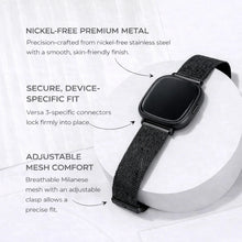 Black metal mesh strap for Fitbit Versa 3 with nickel-free stainless steel and adjustable Milanese design