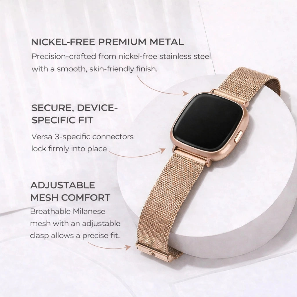 Rose gold mesh Fitbit Versa 3 strap showing nickel-free metal and device-specific connectors