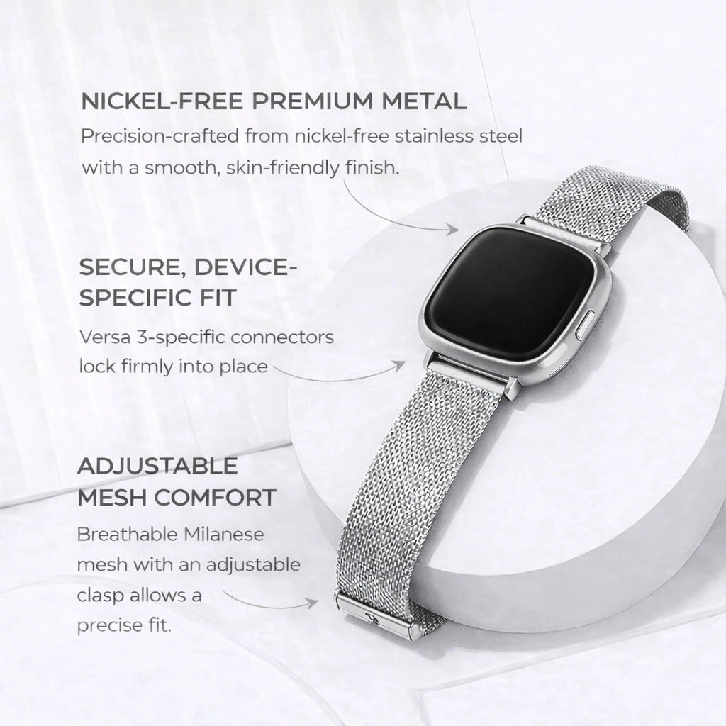 Silver mesh Fitbit Versa 3 strap showing nickel-free metal, device-specific fit and adjustable Milanese mesh comfort