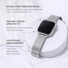 Silver metal watch strap for Apple Watch showing mesh design and secure connectors