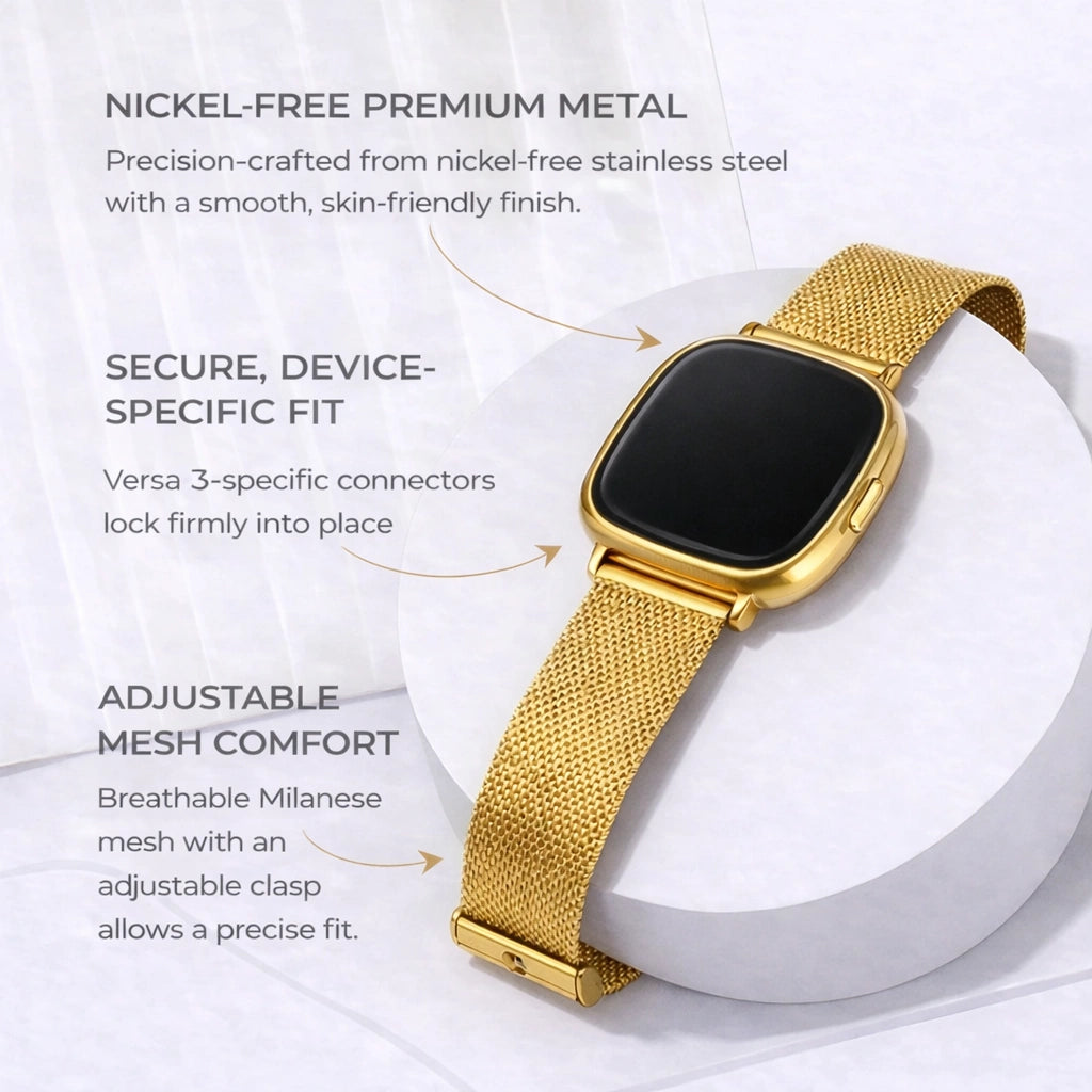 Gold metal Fitbit Versa 3 strap with adjustable mesh and device-specific fit