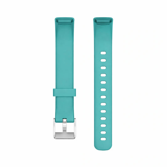 Mint silicone strap for Fitbit Luxe with silver buckle shown on white background