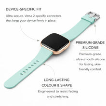 Mint silicone strap for Fitbit Versa 2 showing device-specific fit and premium-grade material