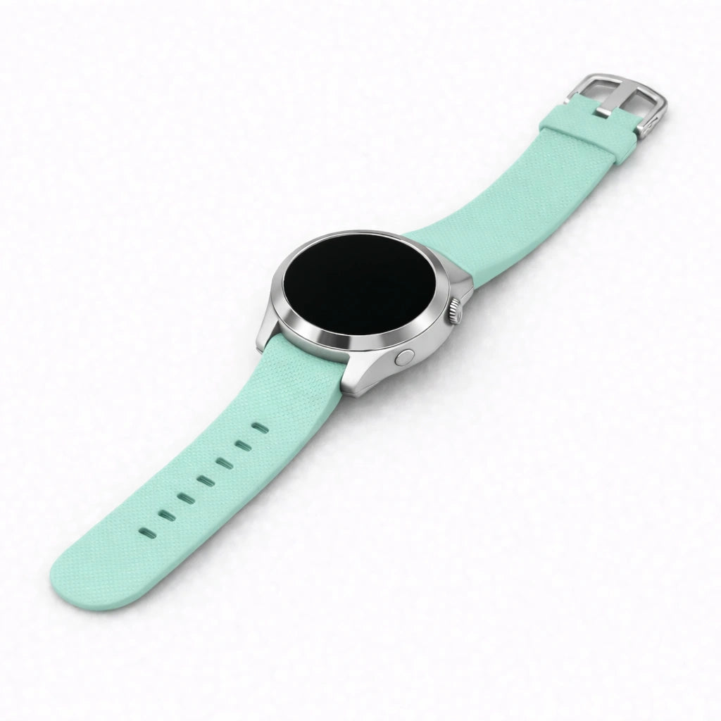 Angled product view of a mint replacement watch strap fitted to a Garmin Vivoactive 4S smartwatch
