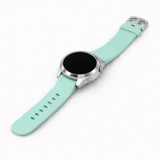 Angled product view of a mint replacement watch strap fitted to a Garmin Vivoactive 4S smartwatch