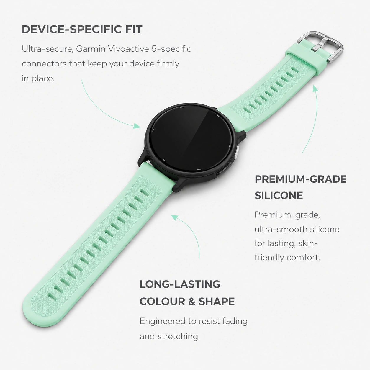Mint Garmin Vivoactive 5 silicone strap showing the device-specific fit and premium construction
