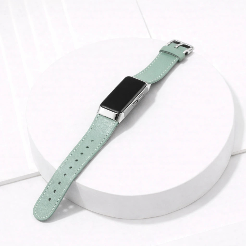 Mint green leather replacement strap for Fitbit Charge 5 with silver buckle
