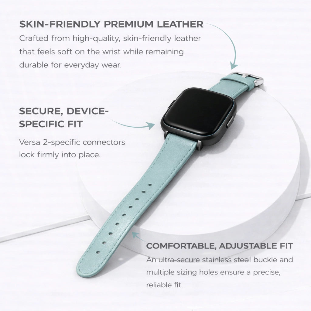 Mint leather watch strap for Fitbit Versa 2 showing skin-friendly leather, secure device-specific fit and adjustable buckle