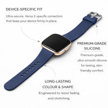Navy blue silicone strap for Fitbit Versa 2 showing device-specific fit and premium-grade material