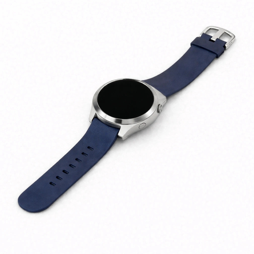 Navy blue silicone watch band for Garmin Vivoactive 4S shown in a flat lay product view with silver buckle