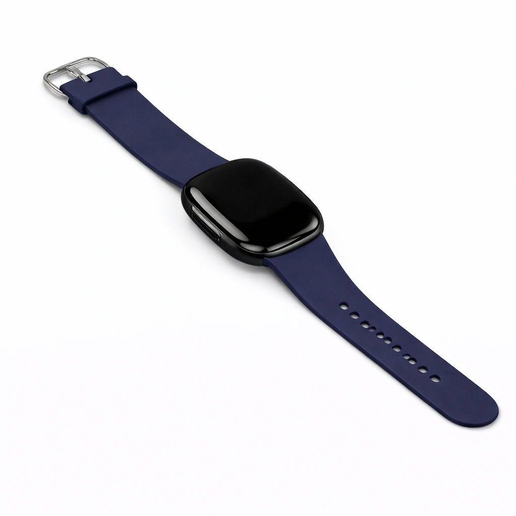 Navy blue silicone watch strap for Fitbit Sense 2 displayed in a clean flat lay