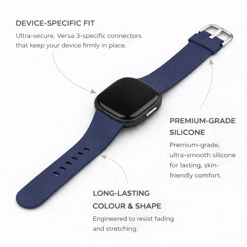 Navy silicone strap for Fitbit Versa 3 showing device-specific fit and premium-grade material