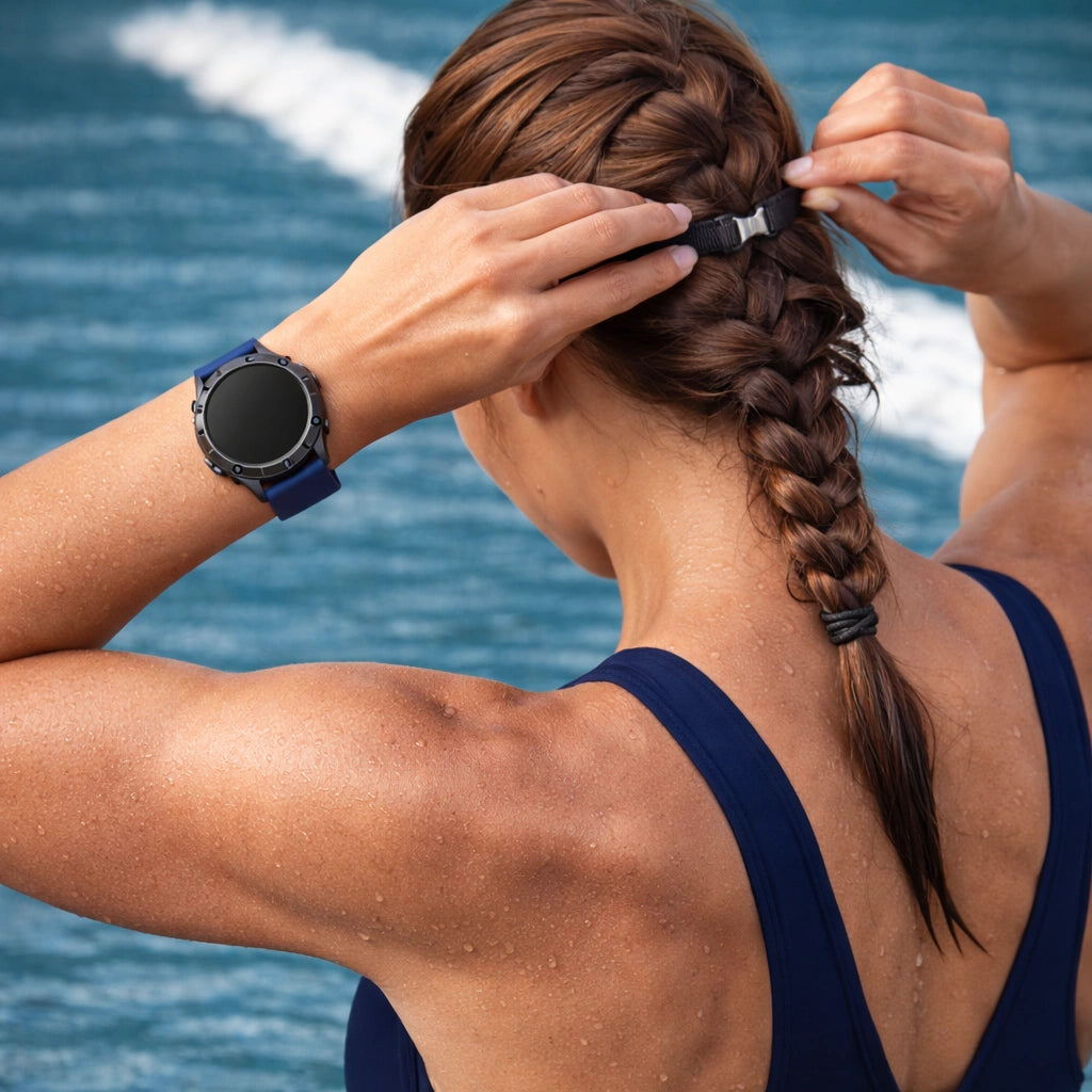 Navy sports watch strap for Garmin Forerunner 965 worn during swimming by the sea
