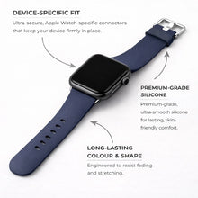 Navy silicone Apple Watch watch strap highlighting premium silicone material and secure device connectors