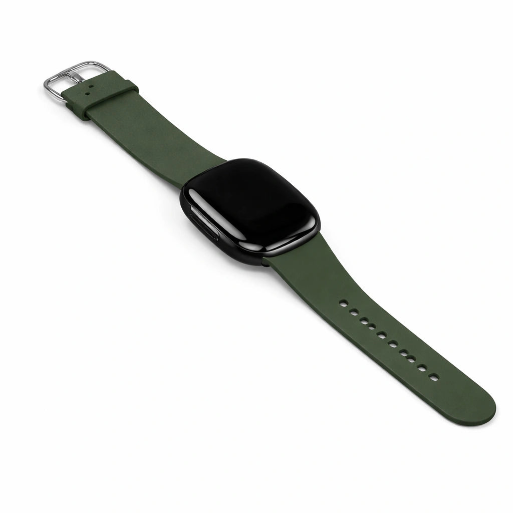 Dark green silicone band designed for Fitbit Versa 3 with durable buckle and flexible fit