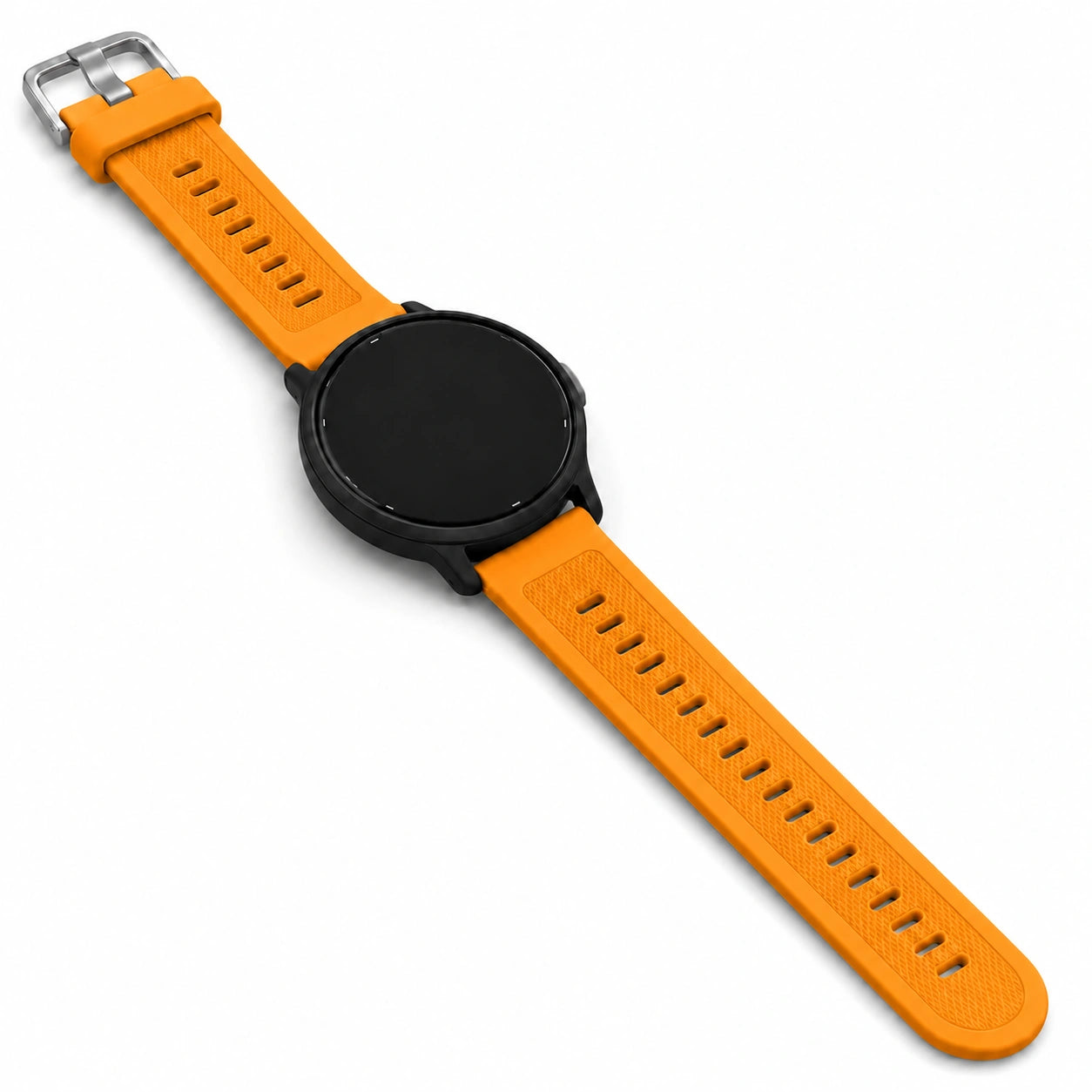 Orange Garmin Venu 3S replacement strap with textured silicone design and silver buckle.