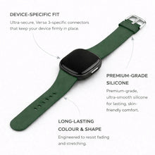 Green silicone watch strap for Fitbit Versa 3 showing device-specific fit and smooth, skin-friendly material