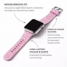 Pink glitter Apple Watch strap in premium silicone with secure device-specific connectors