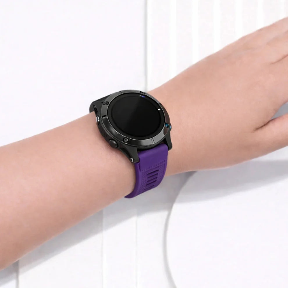 Garmin Epix Pro smartwatch with a premium purple silicone replacement strap on the wrist