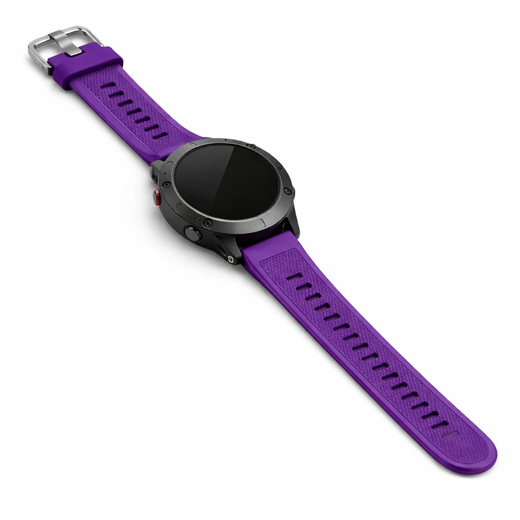 Purple silicone watch strap for Garmin Forerunner 965 with textured finish and buckle