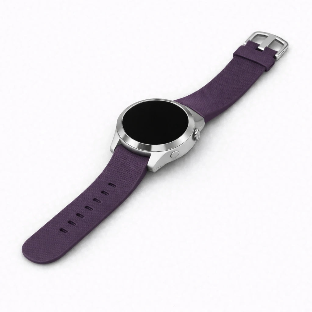 Purple silicone watch band for Garmin Vivoactive 4S shown in a flat lay product view with silver buckle