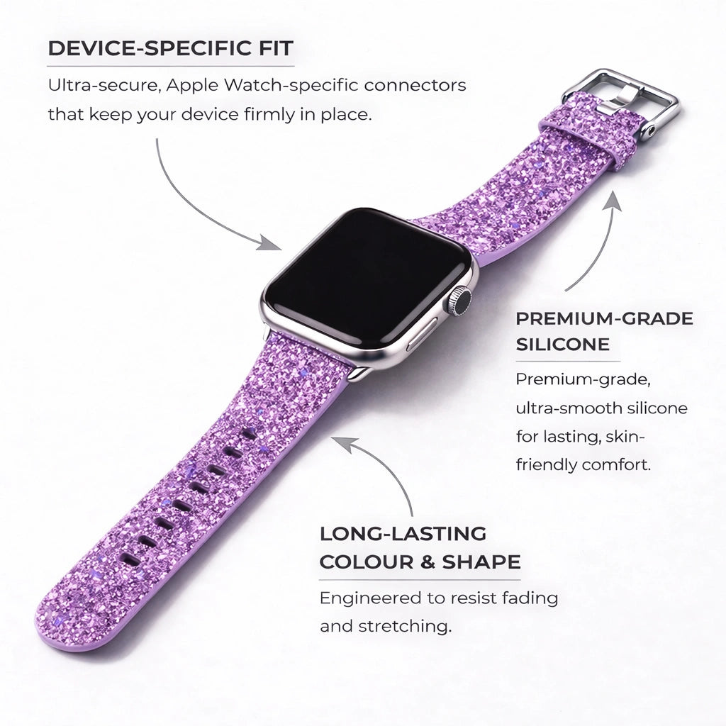 Purple glitter Apple Watch watch strap in premium silicone with secure device-specific connectors