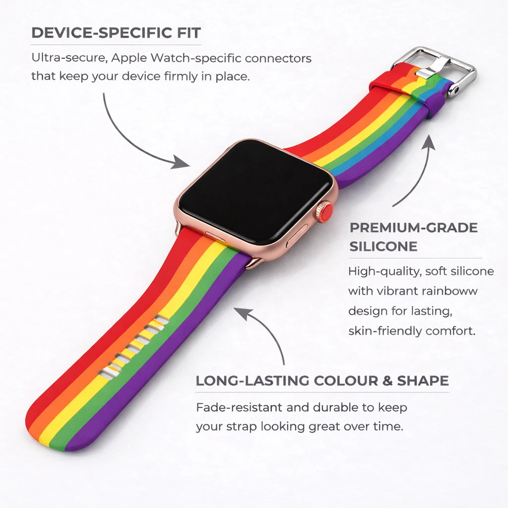 Rainbow pattern silicone strap for Apple Watch showing secure device-specific connectors and durable fade-resistant design.