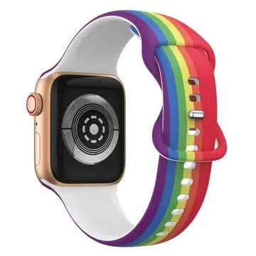 Rear view of Apple Watch with rainbow silicone strap and white interior