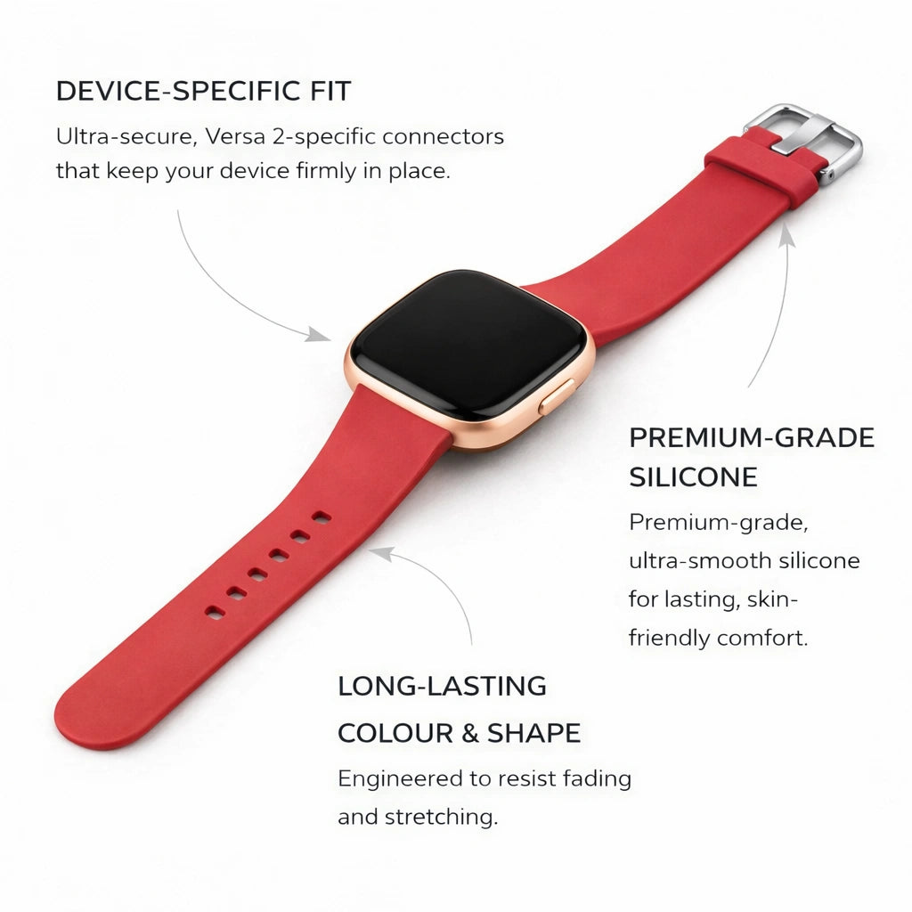 Red silicone strap for Fitbit Versa 2 showing device-specific fit, premium-grade silicone and long-lasting colour.