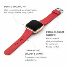 Red silicone strap for Fitbit Versa 2 showing device-specific fit, premium-grade silicone and long-lasting colour.