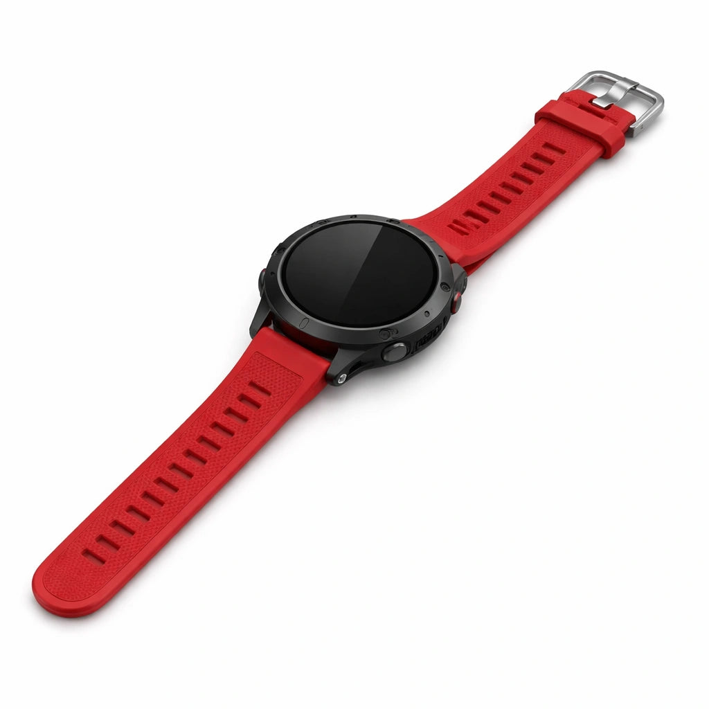 Red silicone watch strap for Garmin Forerunner 965 with textured finish and buckle