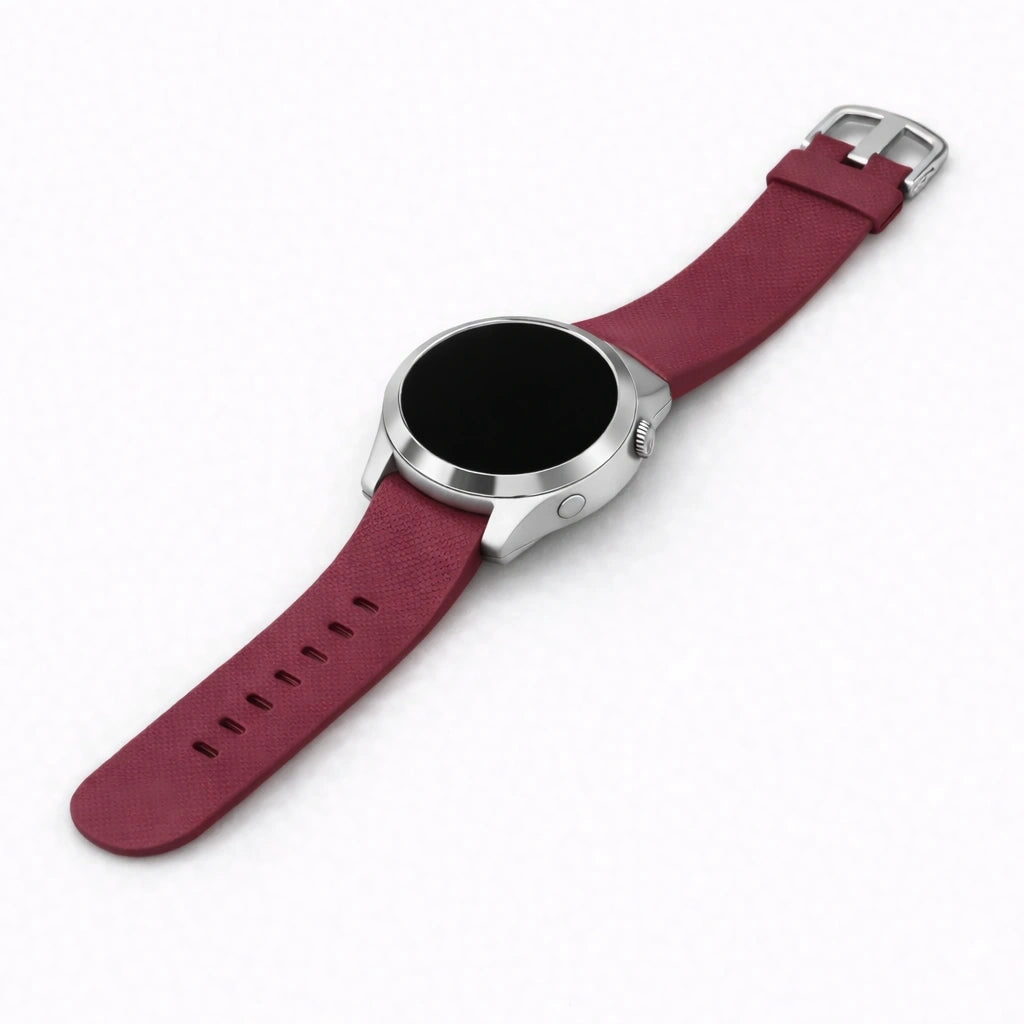 Red silicone watch band for Garmin Vivoactive 4S displayed in a flat lay product view with silver buckle