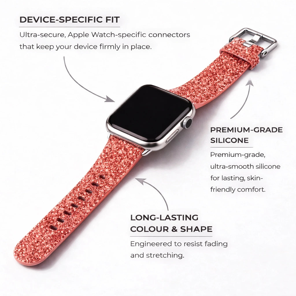 Red glitter Apple Watch strap in premium silicone with secure device-specific connectors