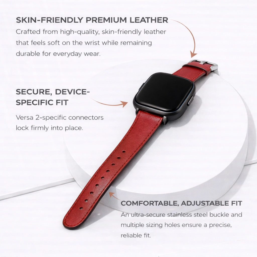 Red leather watch strap for Fitbit Versa 2 showing premium leather material and secure device-specific fit