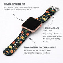 Red rose pattern silicone strap for Apple Watch showing device-specific connectors and durable fade-resistant design.