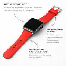Red silicone Apple Watch wristband highlighting device-specific connectors and premium silicone material
