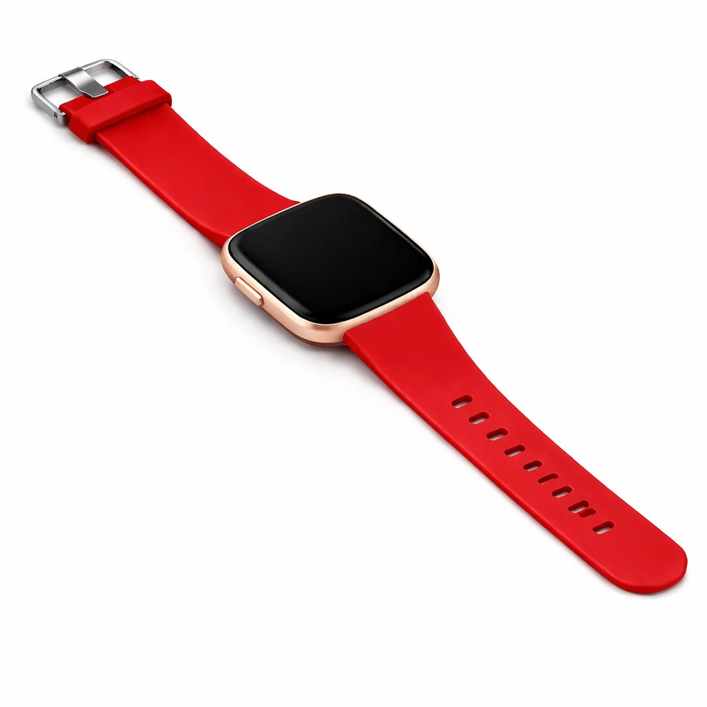 Red silicone replacement strap for Fitbit Versa 2 with smooth finish and secure buckle.