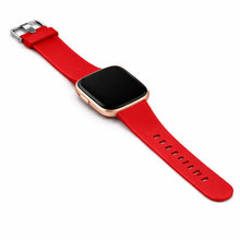 Red silicone replacement strap for Fitbit Versa 2 with smooth finish and secure buckle.