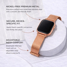 Rose gold metal watch strap for Apple Watch showing adjustable mesh comfort and secure fit