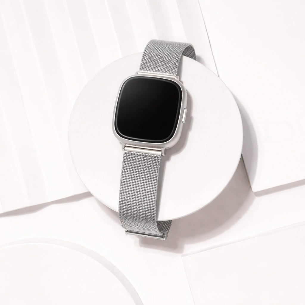 Metallic silver wristband for Fitbit Sense 2 with adjustable Milanese mesh clasp