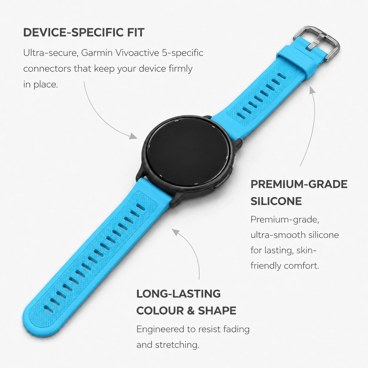 Light blue Garmin Vivoactive 5 silicone watch band highlighting premium materials and secure fit