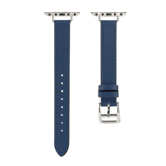 Slim navy blue leather watch strap for Apple Watch with stainless steel buckle.