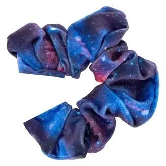 Galaxy-themed scrunchie Apple Watch strap with space print and soft elastic design in blue and purple tones