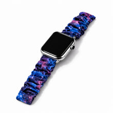 Space themed scrunchie watch strap for Apple Watch with blue and purple galaxy design