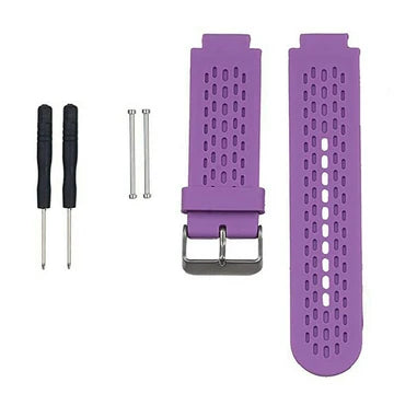 A purple perforated Garmin Approach replacement strap shown with silver fitting pins and two screwdrivers
