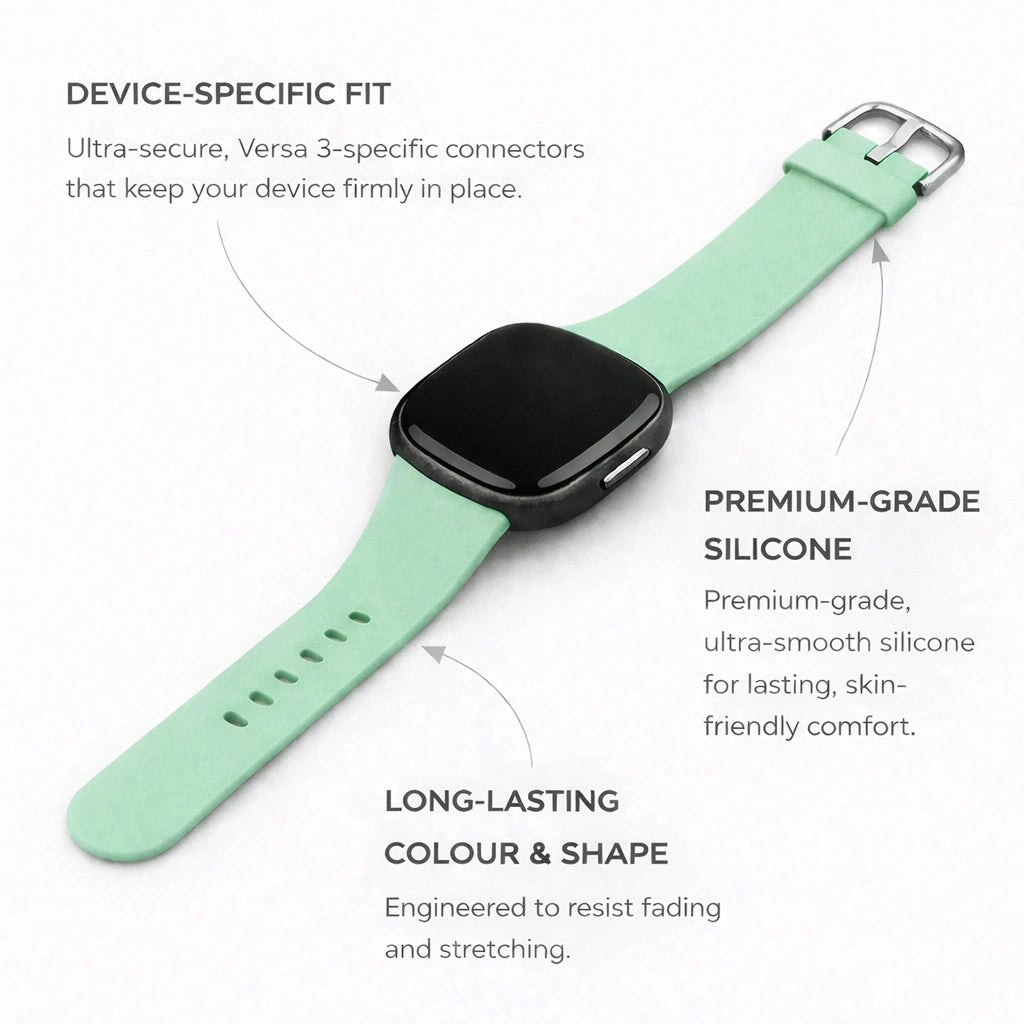 Teal silicone strap for Fitbit Versa 3 showing device-specific fit and premium-grade material