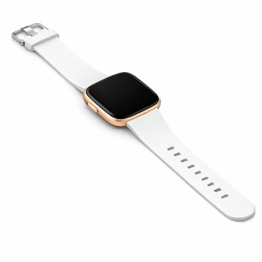 White silicone watch strap designed for Fitbit Versa 2, shown in a clean flatlay view