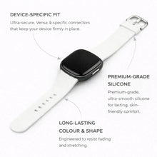 White silicone strap for Fitbit Versa 3 showing device-specific fit and smooth, skin-friendly finish.
